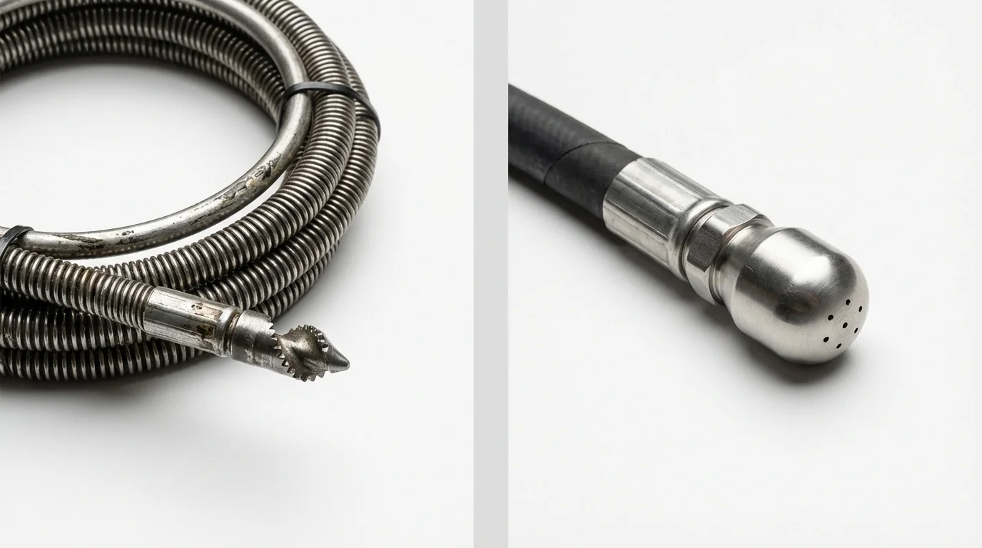 Drain snake cable and hydro jetting nozzle used for drain cleaning in Watertown, MA