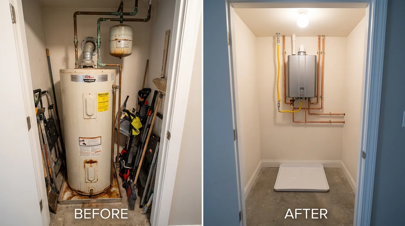 Tank water heater versus wall-mounted tankless unit comparison for Watertown, MA homeowners
