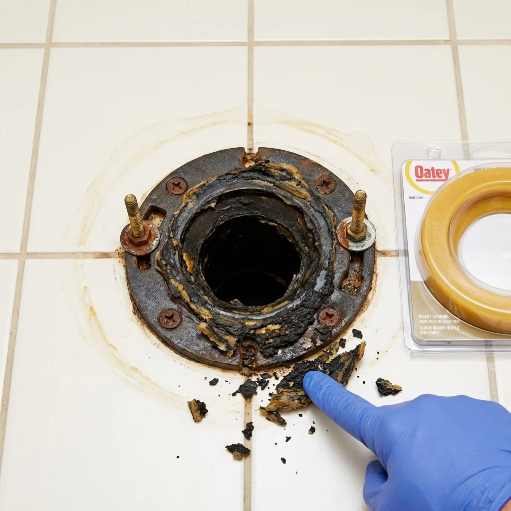 Failed wax ring showing water seepage at the base of a toilet in a Watertown, MA home