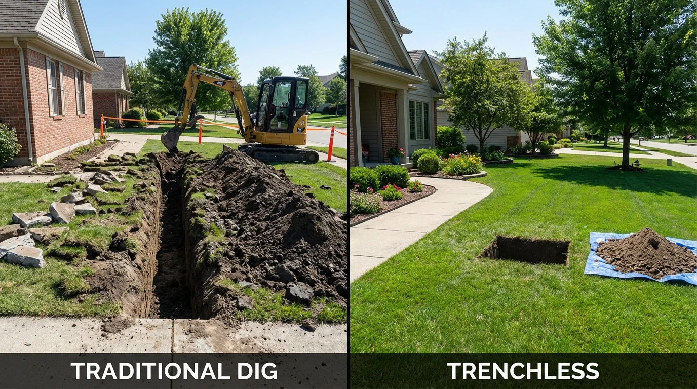 Trenchless sewer repair with minimal yard damage versus traditional excavation in Watertown, MA