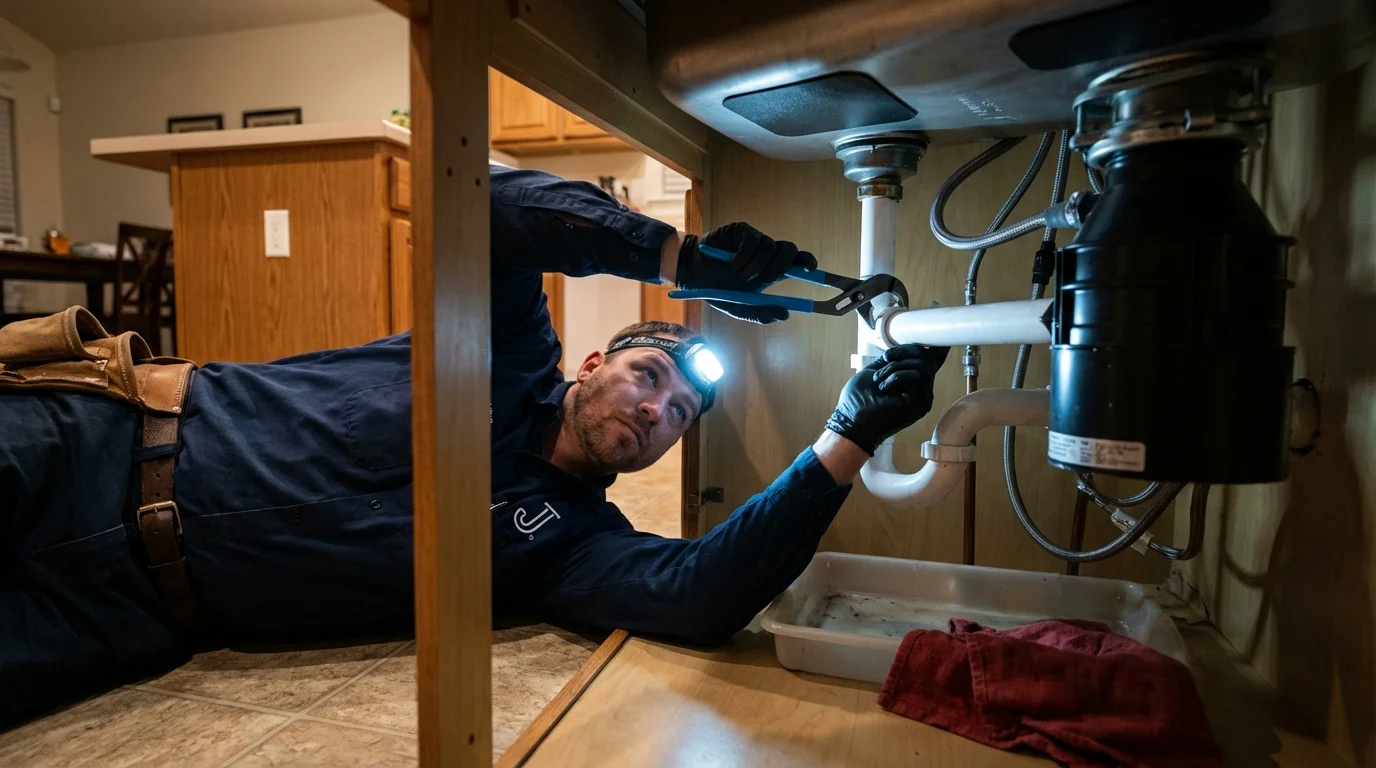 P-trap and supply line connections under a kitchen sink showing a common leak point in Watertown, MA